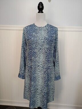 J. McLaughlin Blue Silk Cheetah Leopard Animal Print Shirt Dress Size Medium